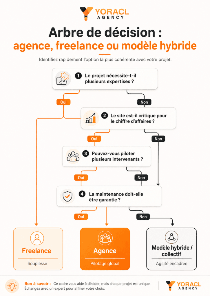 Arbre de décision pour choisir entre agence web, freelance ou modèle hybride