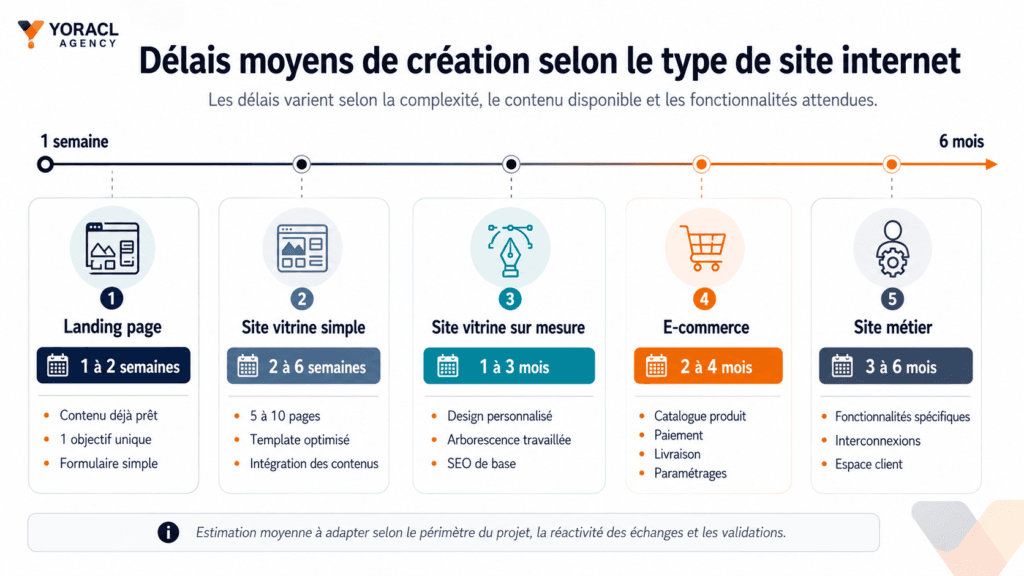 Délais moyens de création selon le type de site internet