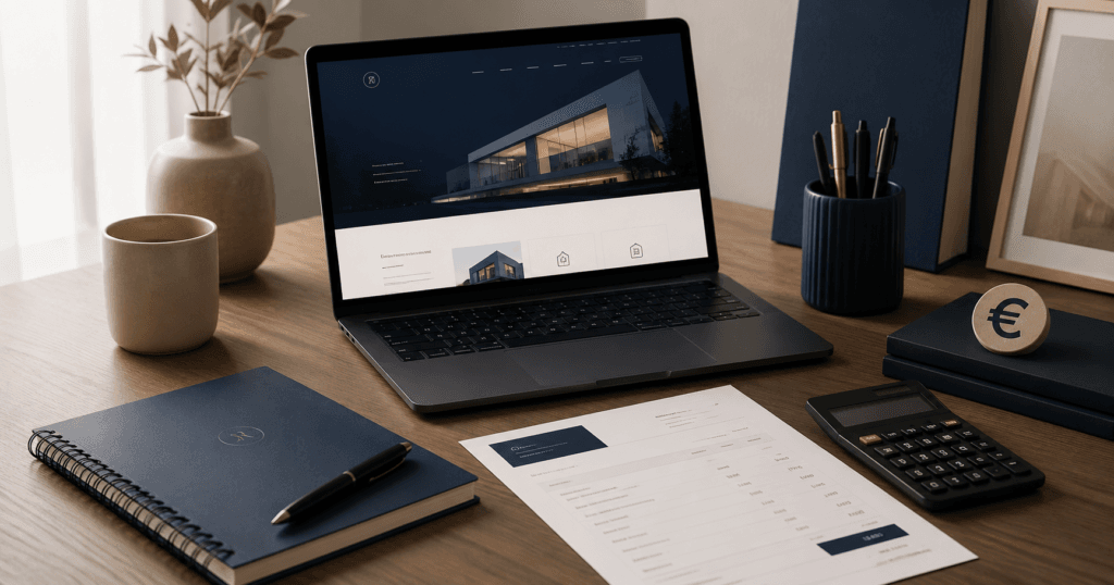 Illustration du budget d’un site vitrine avec interface web, éléments SEO et devis